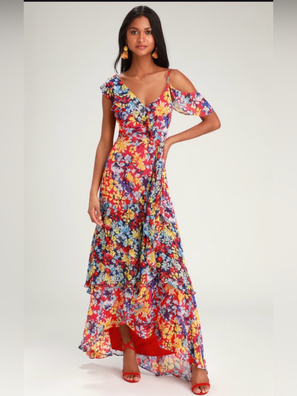 Lulu's Red Floral Cold-Shoulder Maxi Dress